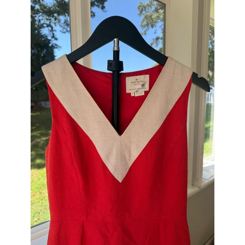Kate Spade Red Linen Dress Size 6 Ivory V Neck Gold Zip Preppy Nautical - Picture 2 of 6